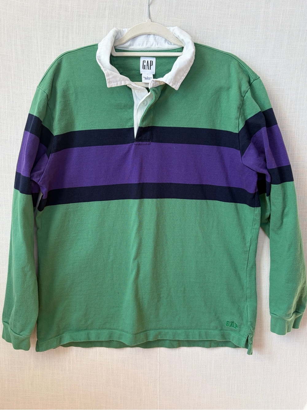GAP Long-Sleeve Green Rugby Polo with Purple and Black Stripes